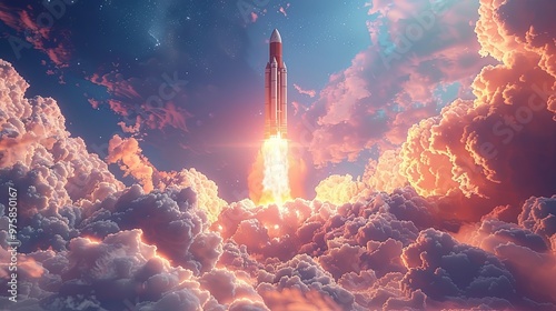 Launching new product or service. Technology development process. Space rocket launch. 3d render