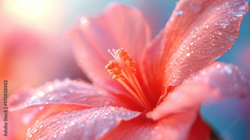 Close-up of a pink flower with dewdrops on petals, against a blue sky Close-up of a pink flower with dewdrops on petals, against a blue sky