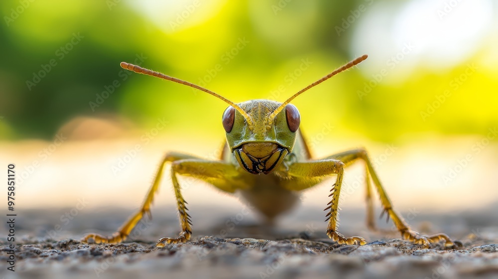 A grasshopper in focus, gazing at the camera, surrounded by a softly blurred backdrop of trees A grasshopper in focus, gazing at the camera, surrounded by a softly blurred backdrop of trees