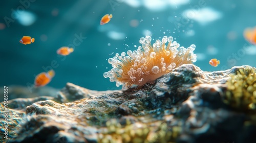  A tight shot of a solitary sea anemone adhered to a rock, surrounded by secondary anemones in the backdrop photo