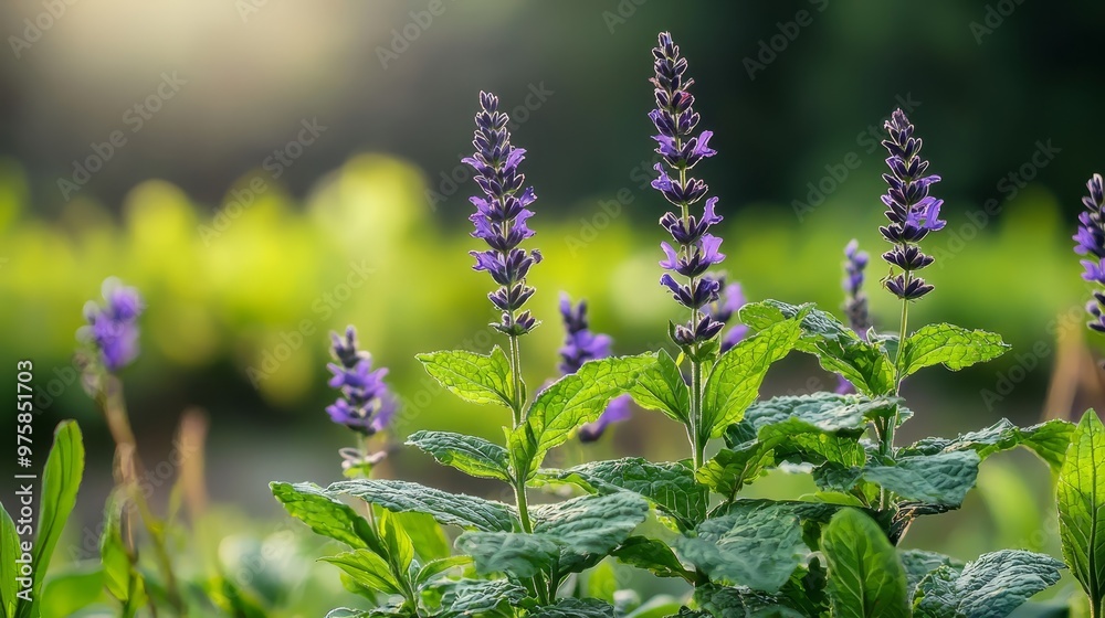 A tight shot of a plant displaying purple blooms in the front, backed by a hazy expanse of green foliage A tight shot of a plant displaying purple blooms in the front, backed by a hazy expanse of green foliage