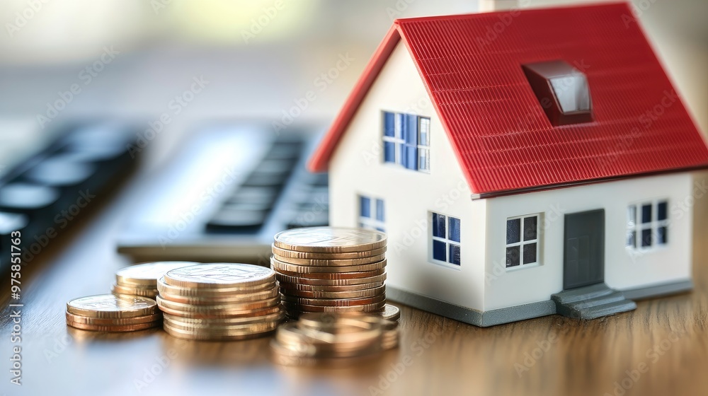 A house with a pile of coins on top of it A house with a pile of coins on top of it
