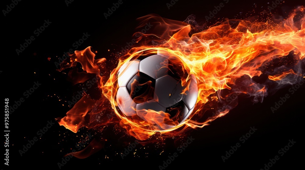 Fototapeta premium A captivating close-up of a soccer ball ablaze, with flames erupting from various points around it.