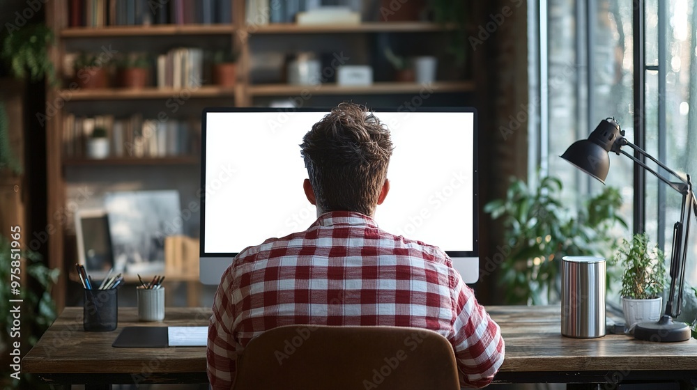 Man working at desk with plants and bookshelves in the background. Man working at desk with plants and bookshelves in the background.