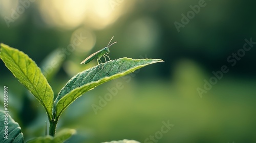  A tight shot of a green leaf bearing a bug on its underside Surrounding environment of grass and trees softly blurred