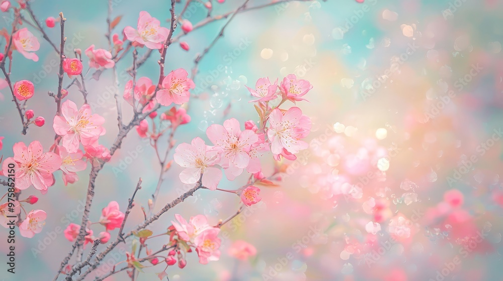 A tight shot of pink blossoms on a tree against a softly blurred backdrop of blue, pink, and yellow hues A tight shot of pink blossoms on a tree against a softly blurred backdrop of blue, pink, and yellow hues