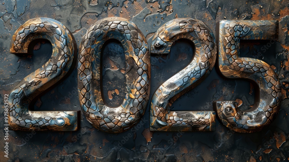 Textured metallic numbers shimmer in an earthy collage, celebrating the arrival of 2025 with a blend of art and anticipation for new beginnings
