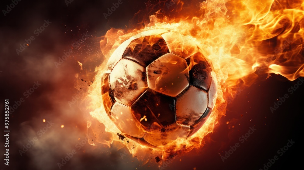 Fototapeta premium A captivating close-up of a soccer ball ablaze, with flames erupting from various points around it.