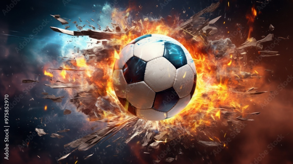 Naklejka premium A captivating close-up of a soccer ball ablaze, with flames erupting from various points around it.