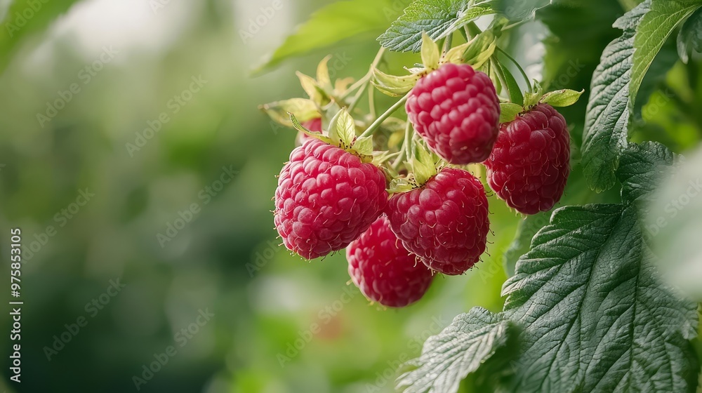 A tree laden with ripe raspberries, its green foliage contrasting against a softly blurred backdrop of surrounding trees A tree laden with ripe raspberries, its green foliage contrasting against a softly blurred backdrop of surrounding trees
