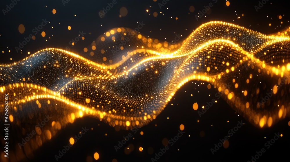Waves of luminous gold and silver particles flow smoothly through a dark backdrop Waves of luminous gold and silver particles flow smoothly through a dark backdrop