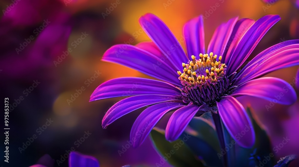 Obraz premium A purple flower with a yellow center, surrounded by a blend of purple and yellow flowers against a multicolored, blurred backdrop