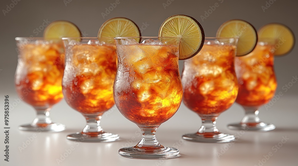Five sparkling cocktails filled with ice and lime slices create a vibrant showcase Five sparkling cocktails filled with ice and lime slices create a vibrant showcase
