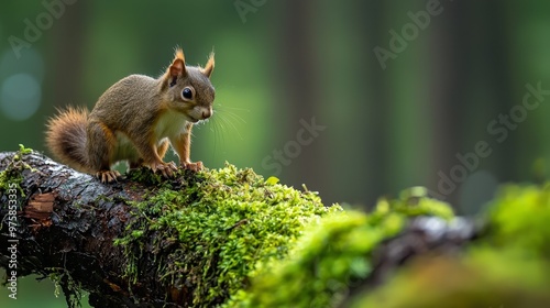  A tiny squirrel perches atop a moss-laden tree branch amidst a dense forest backdrop teeming with trees