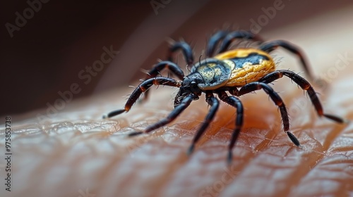 A tiny tick explores the surface of skin, revealing distinct patterns and colors under the warm sunlight, highlighting the wonders of microcosmic life
