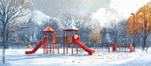 Winter Playground Scene with Snow and Red Play Structures. Illustration of a Snow-Covered Playground. 3D Illustration. Generate Ai Image