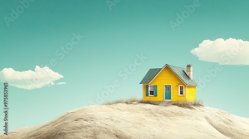 A yellow house is on top of a hill