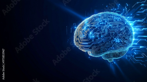 Digital chip integral into abstract technology brain on dark blue background.