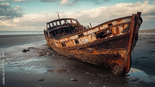 A rusty, abandoned shipwreck in the middle of a desert, with dunes surrounding it