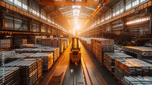 As the sun rises, shafts of golden light stream through a bustling warehouse where metal sheets are meticulously organized and ready for shipment