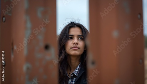 A migrant woman looking up at a corrugated border wall