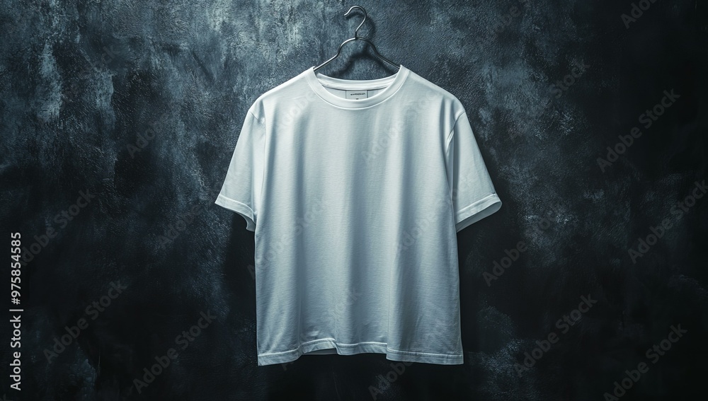 Blank white t-shirt hanging on hanger against dark background.