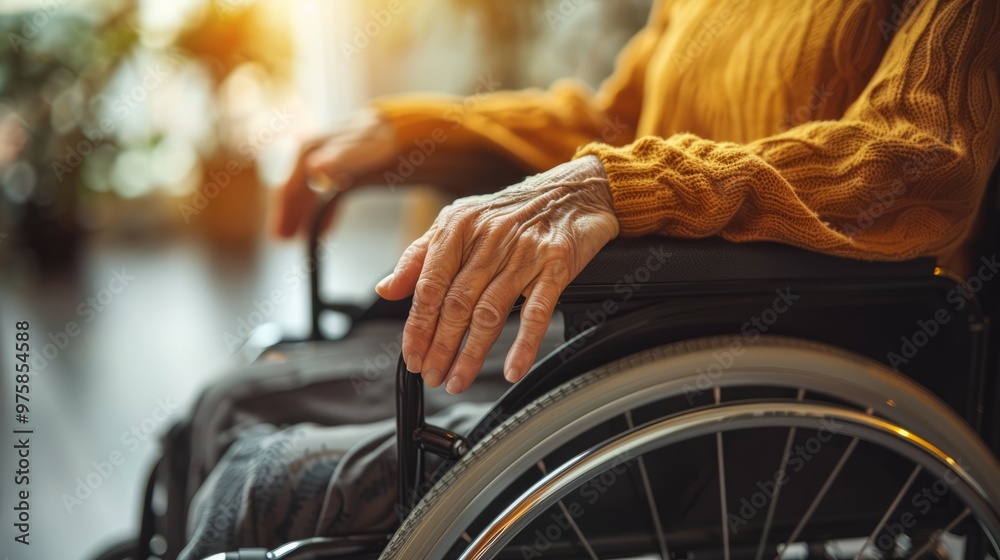 Obraz premium Warm sunlight filters through the room as a person in a wheelchair relaxes, their hands resting gently on the armrests, creating a peaceful atmosphere