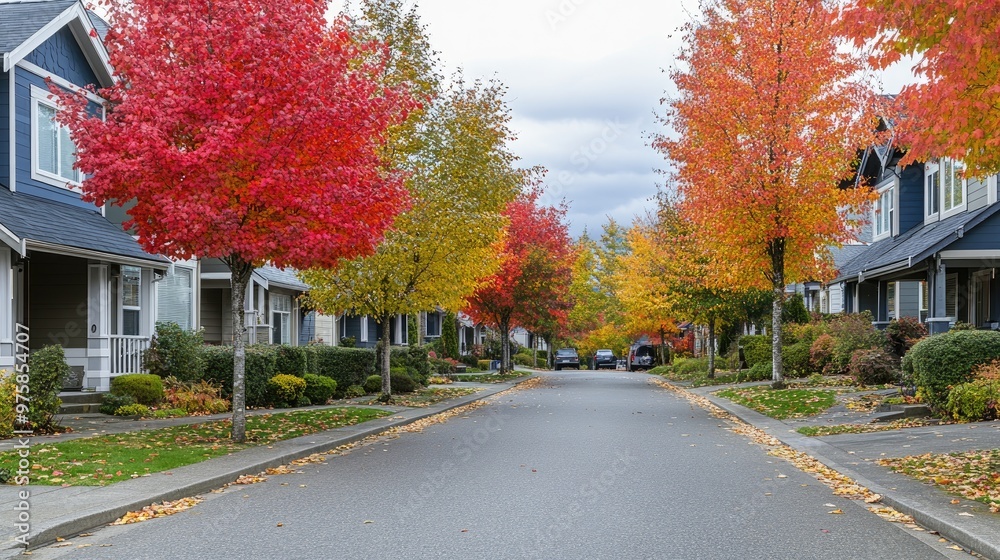 A street with houses on both sides and trees on both sides A street with houses on both sides and trees on both sides