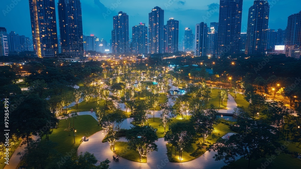 Obraz premium Urban Park at Night with City Skyline.