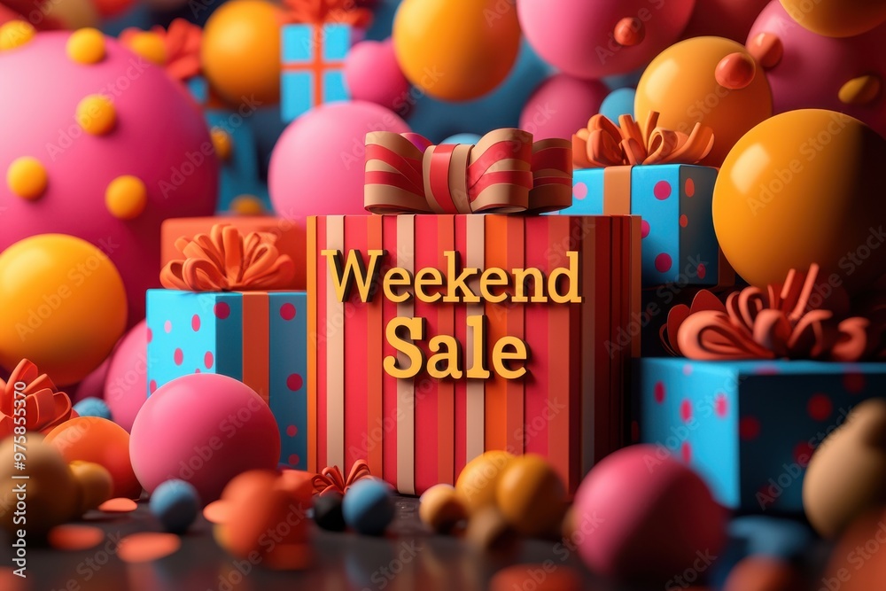 Colorful background with text 'Weekend Sale' surrounded by various products and decorations Colorful background with text 'Weekend Sale' surrounded by various products and decorations