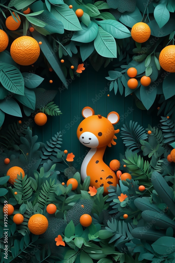 A cute orange tiger cub surrounded by vibrant green foliage and orange fruits. A cute orange tiger cub surrounded by vibrant green foliage and orange fruits.