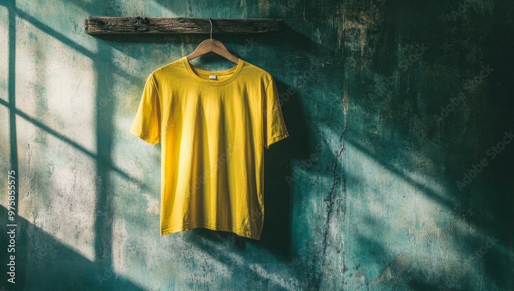 Naklejka premium Yellow t-shirt hanging on a weathered wall.
