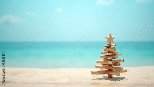 Cute little christmas tree at the beach with copy space
