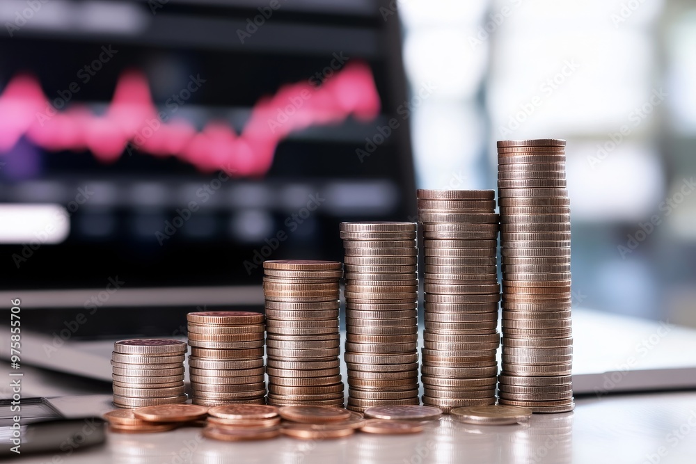Image depicting stacks of coins with a fluctuating graph in the background, symbolizing economic trends, financial investments, and stock markets. Image depicting stacks of coins with a fluctuating graph in the background, symbolizing economic trends, financial investments, and stock markets.