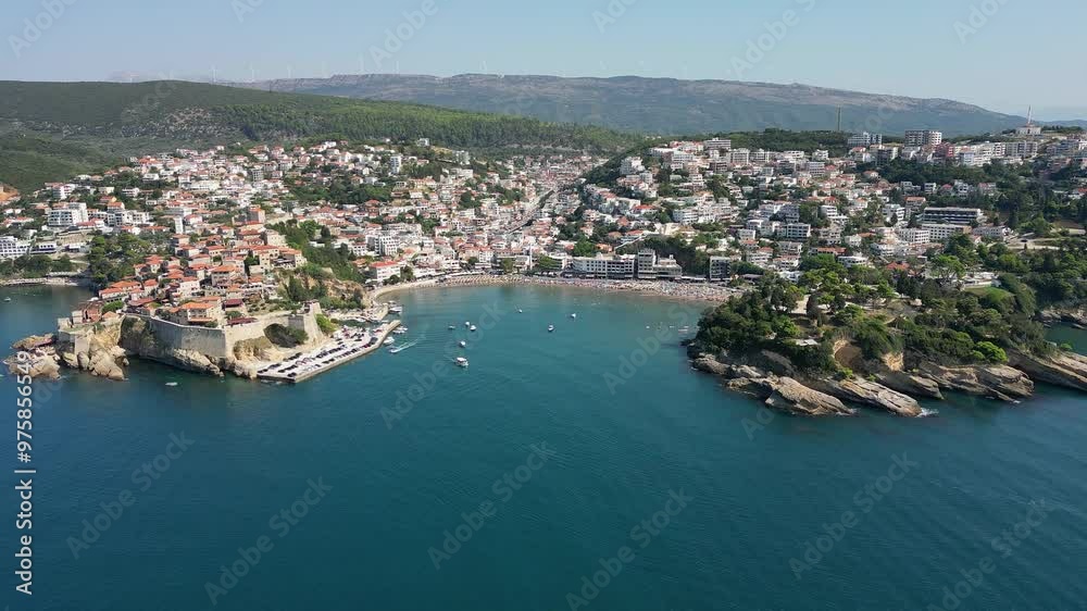 Panoramic drone view of Ulcinj city in Montenegro and Ulcinj central beach Panoramic drone view of Ulcinj city in Montenegro and Ulcinj central beach