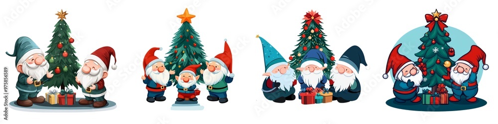 Cheerful gnomes decorating Christmas trees, celebrating the holiday spirit with gifts and festive joy. Cheerful gnomes decorating Christmas trees, celebrating the holiday spirit with gifts and festive joy.