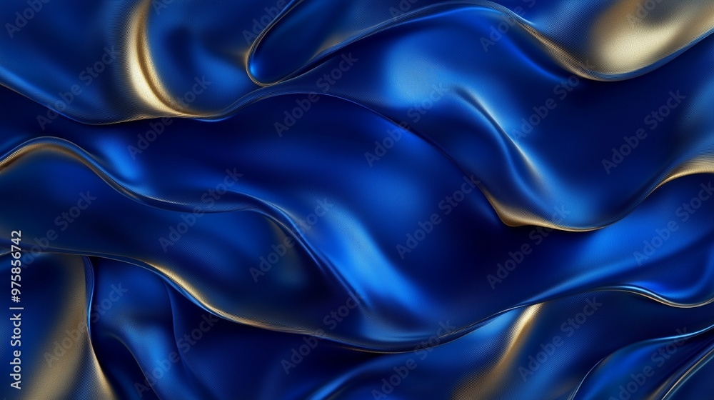 Fototapeta premium An abstract art design background featuring deep blue silky waves interlacing with golden accents, forming intricate flowing patterns across the canvas, with a sense of depth and fluidity.