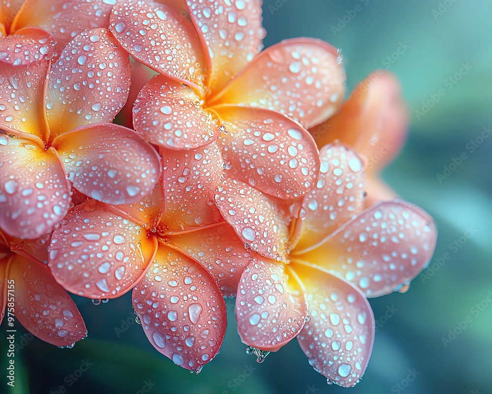 Beautiful close-up of pink plumeria flowers adorned with dewdrops, capturing the essence of nature's delicate beauty. Beautiful close-up of pink plumeria flowers adorned with dewdrops, capturing the essence of nature's delicate beauty.
