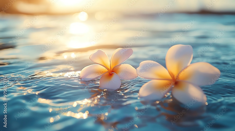 Serene plumeria flowers floating gently in clear, calm water during sunset, creating a tranquil tropical ambiance. Serene plumeria flowers floating gently in clear, calm water during sunset, creating a tranquil tropical ambiance.