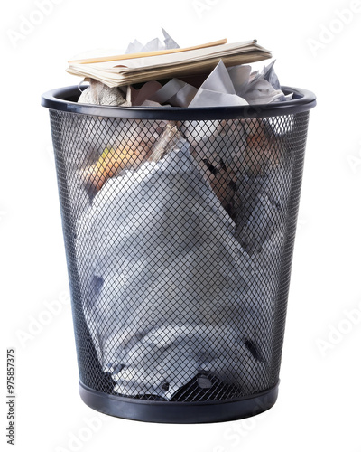 Isolated black trash bin full of papers on transparent background