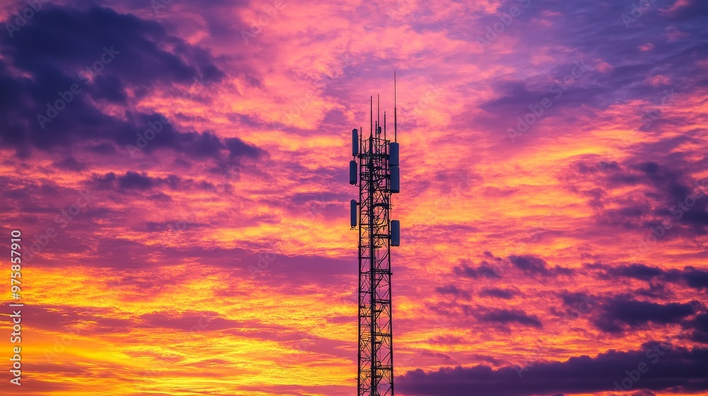 Cell tower against a vibrant sunset sky, communication technology concept Cell tower against a vibrant sunset sky, communication technology concept