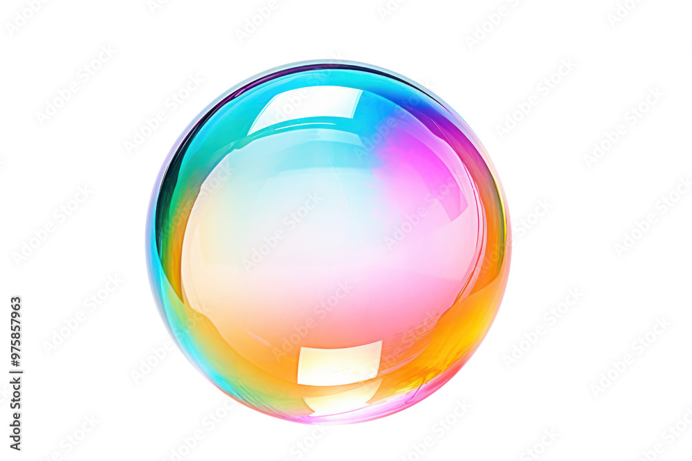 A single large soap bubble reflecting a rainbow of colors in a close-up shot isolated on white background A single large soap bubble reflecting a rainbow of colors in a close-up shot isolated on white background
