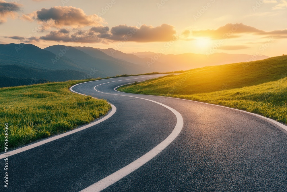 Winding road through green hills at sunset, beautiful landscape with mountains in the background and golden sky. Winding road through green hills at sunset, beautiful landscape with mountains in the background and golden sky.