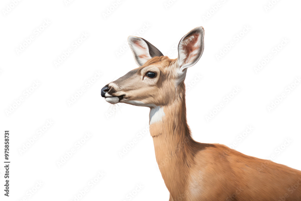 Fototapeta premium A side profile of a red deer doe with a serene expression isolated on white background