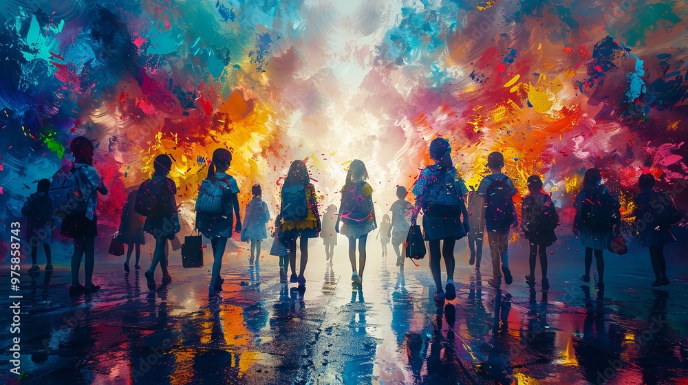 many children students with schoolbag backpacks in school corridor, abstract painting-like neural network ai generated art, picture produced many children students with schoolbag backpacks in school corridor, abstract painting-like neural network ai generated art, picture produced