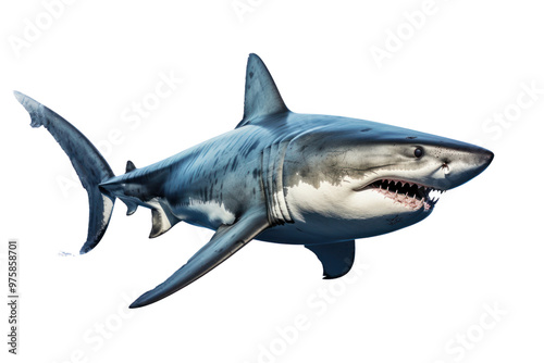 A close-up of a fierce-looking shark with detailed textures on its skin, showing off its sharp teeth and intense gaze. Isolated on white background