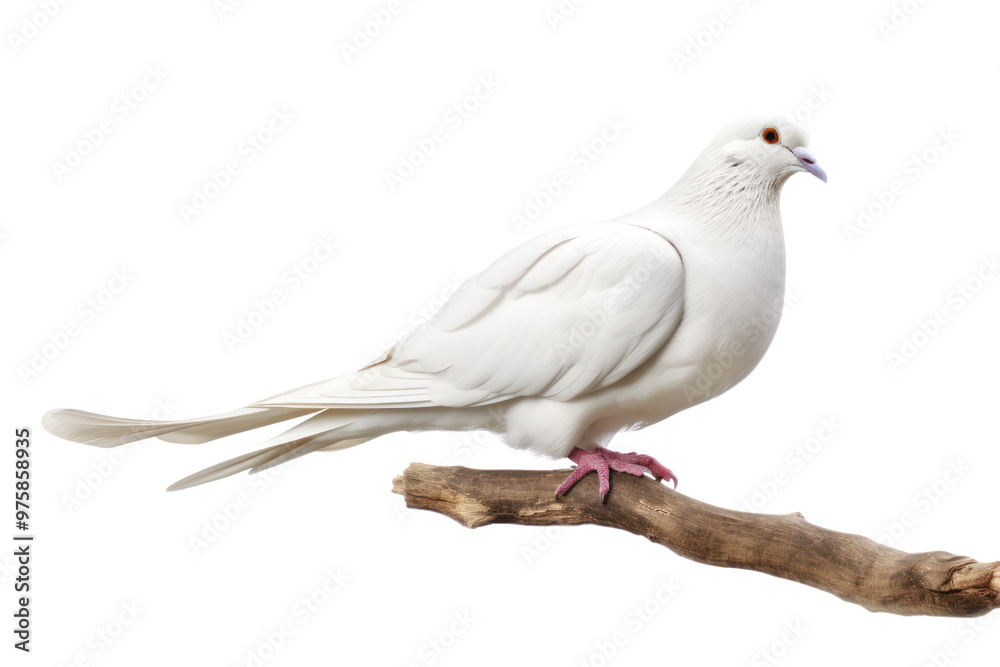 A serene white dove perched delicately on a branch, with its wings slightly spread, isolated on white background A serene white dove perched delicately on a branch, with its wings slightly spread, isolated on white background