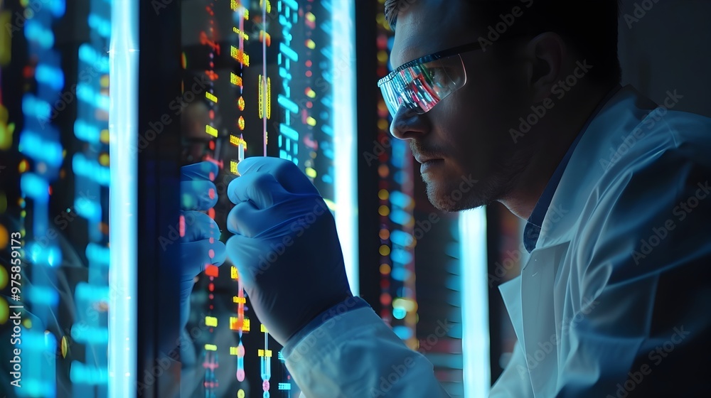 Obraz premium Genetic Engineer Editing DNA Sequences Using Advanced Technology in Futuristic Lab