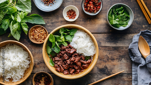 Top-down view of a Vietnamese table with fresh herbs, rice noodles, beef, and spices, surrounding a bowl of hot pho. Authentic bamboo bowls and minimalist Vietnamese décor