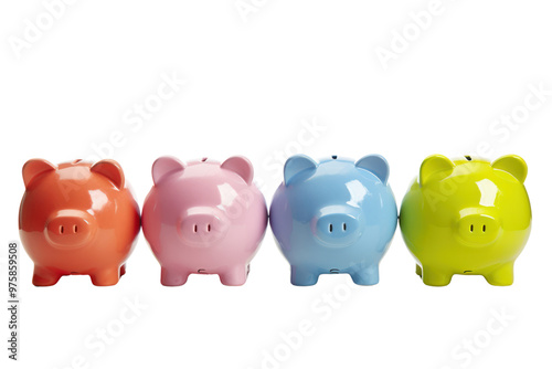 A row of piggy banks in different colors, representing diverse savings options, isolated on white background